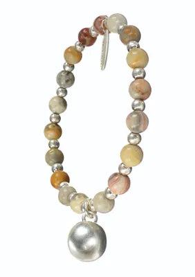 Crazy Agate Natural Stone & Worn Silver Ball Charm Bracelet