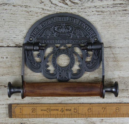 Toilet Roll Holder Crown Fixture Antique Iron & Wood 150mm