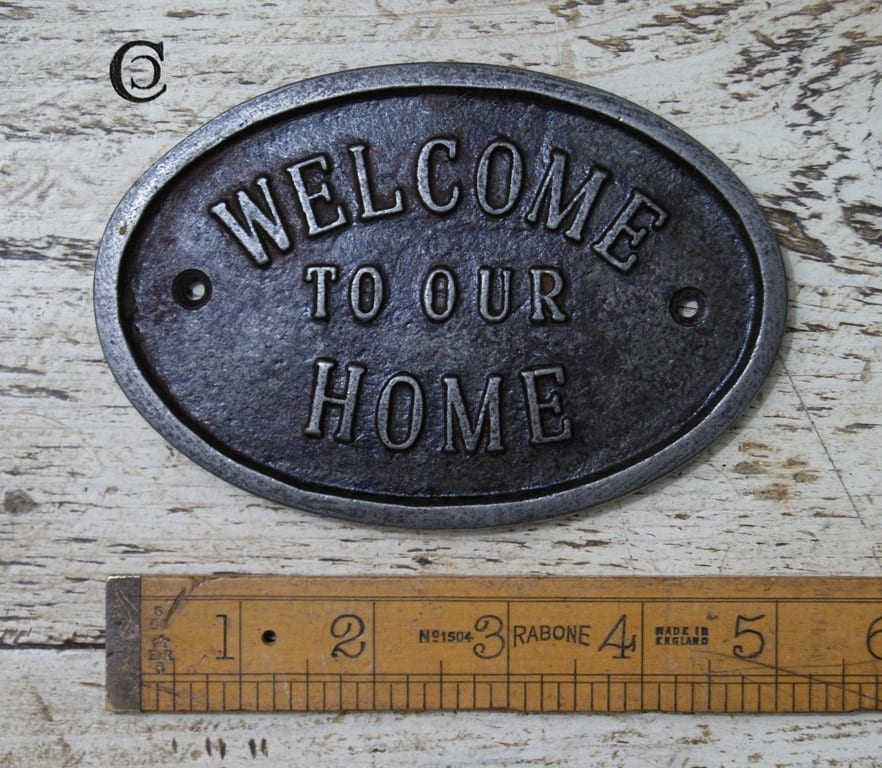 Welcome To Our Home Oval Plaque Cast Antique Iron 133mm x 90mm