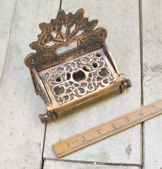 Toilet Roll Holder Victorian Holder with Lid Antique Copper & Wood 150mm