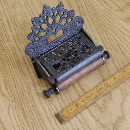 Toilet Roll Holder Victorian Holder with Lid Antique Iron & Wood 150mm