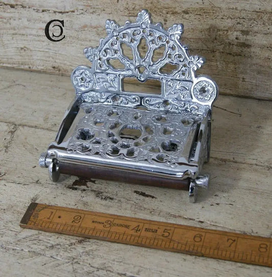 Toilet Roll Holder Victorian Holder with Lid Chrome on Solid Brass & Wood 150mm