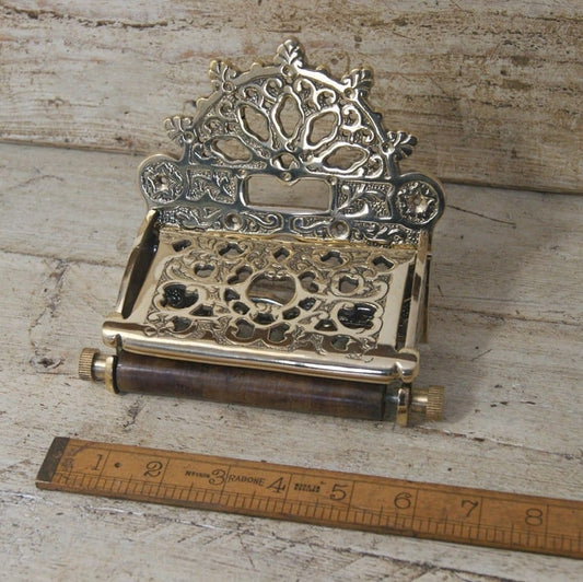 Toilet Roll Holder Victorian Holder with Lid Solid Brass & Wood 150mm
