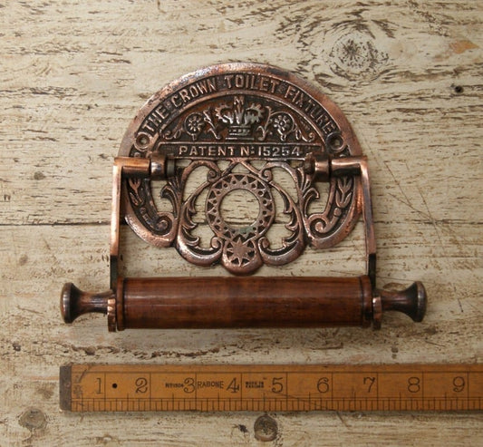 Toilet Roll Holder Crown Fixture Antique Copper & Wood 150mm