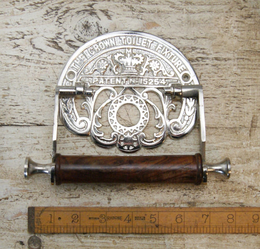 Toilet Roll Holder Crown Fixture Chrome on Cast Iron & Wood 150mm