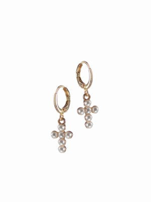 Pearl Cross On Gold Mini Hoop