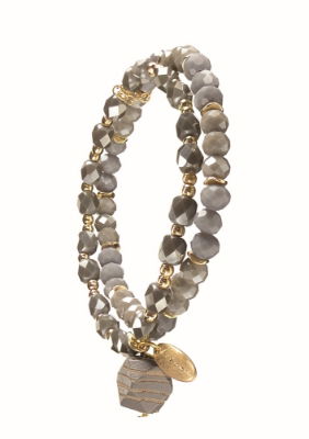 Gold, Grey Facetted Crystal & Wooden Bead Double Bracelet