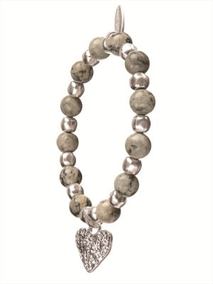 Worn Silver Heart Charm Drop & Jasper Stone Bracelet