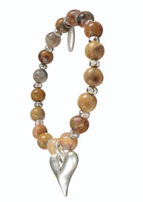 Worn Silver Heart Drop & Crazy Agate Stone Bead Bracelet