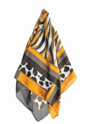 On Safari - Grey, Black & Mustard Silk/Poly Scarf