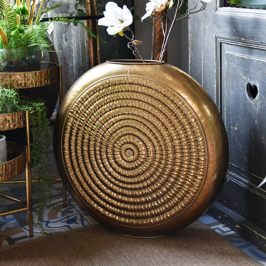 Oval Embossed Antique Gold Metal Vase